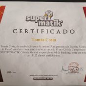 Tomás Costa conquista 94.º lugar no Campeonato SUPERTMATIK Cálculo Mental entre mais de 13000 participantes